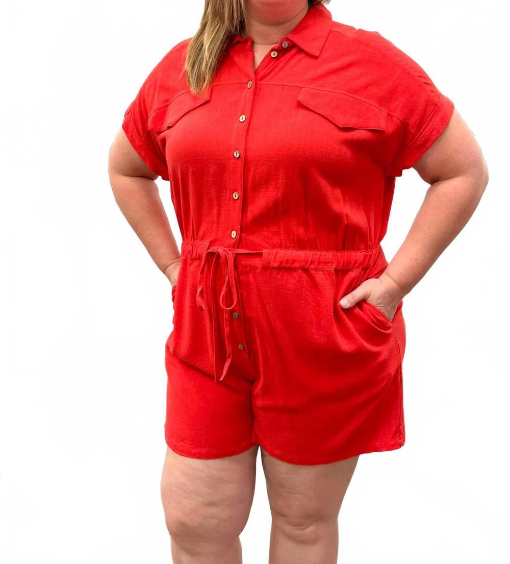 NEW SHE + SKY stef linen romper in red